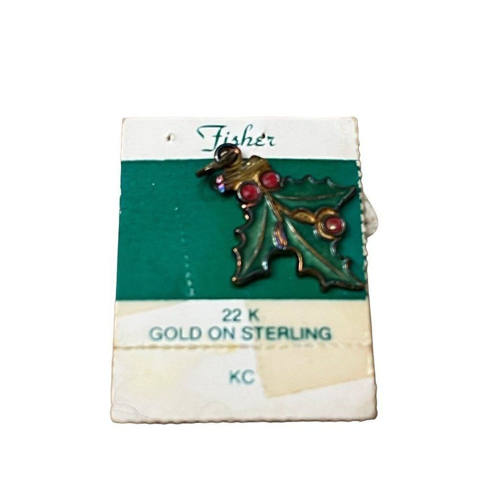 Fisher 22K Gold on Sterling Silver Mistletoe Charm New Old Stock Vtg Christmas